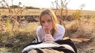A blowjob in the forest from a blonde with a beautiful, gentle touch