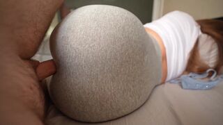 My stepsister caught me jerking off and we fucked through her yoga pants hole