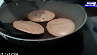 The favorite breakfast of a stunning beauty is fluffy pancakes and passion