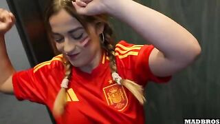 A Spanish supporter with a big ass gets fucked in the anal and DP in the parking lot