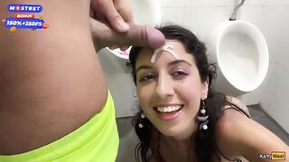 Public blowjob and cumwalk in the middle of a crowded waterfall area