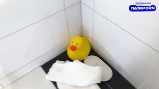 My stepmom caught me jerking off in the bathtub, huge tits splashed me