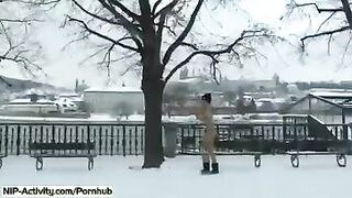 The hot student exposes her boobs and ass on the street