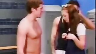 A cute schoolgirl ended up in a locker room full of guys by chance