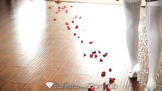 A young brunette has sex right on the bed, showcasing her allure