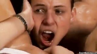 Bukakke in the mouth - a man's hot sperm after sex