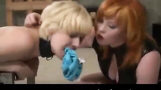 Lesbian beauties in bondage, tickling each other and engaging in gentle sex play
