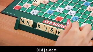 The blonde girl seduces the old peasant in the kitchen and on the table