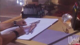 A sexy woman shows her big beautiful natural tits in the bedroom