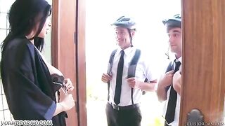 A girl with beautiful big tits is fucking with Jehovah’s Witnesses