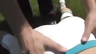 A cum shot on the tits of a beautiful busty brunette