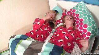 Two sisters shared a cock of an adult man while jerking him off