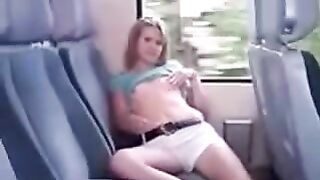 On the bus, ironing pussy through panties started