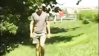 A guy caresses his dick in the hayloft