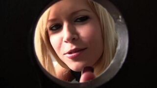 Blonde went to the toilet and sucked a dick through the hole