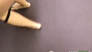 The sweet blonde blows a guy with big boobs and shows her skills