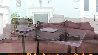 An attractive girl showed her casting on the couch and started to suck dick