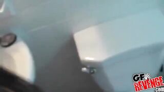 A nice woman has sex right at her home toilet, showcasing her stunning curves in a steamy POV session