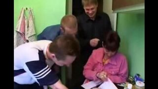 Foursome sex with Russian mother and three guys in the kitchen