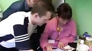 Foursome sex with Russian mother and three guys in the kitchen