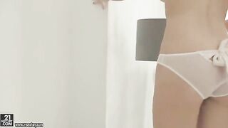 Skinny blonde teen wanking her hairy cunt with intense pleasure
