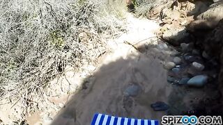 A girl with big natural tits is fucking with a guy outdoors