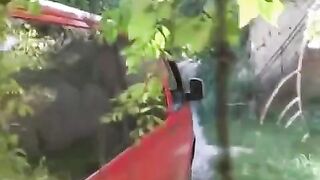 The man squeezed the girl's tits near the car and fucked her hard