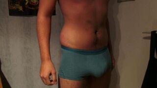 A guy came with a cock in his pants and cumin flew out