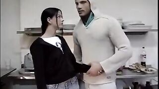 The cute brunette was fucked in the kitchen for the first time
