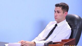 Two chicks shared dude's dick at an interview, showcasing their skills