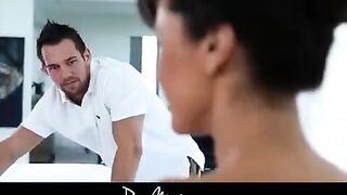 The guy fucked brunette with fake boobs covered in oil