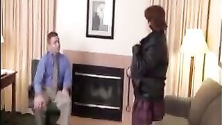 A fat woman serves her boss in pantyhose and heels