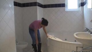 A young and sexy brunette has a hot shower and then fucks hard