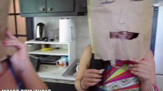 The girls wore bags on their heads and fucked with a young guy