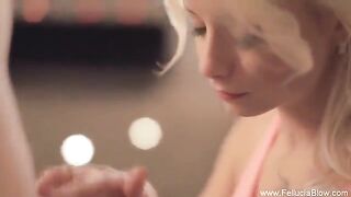 Blonde beauty gives a blowjob in the studio with passion