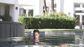 Brunette with big boobs has sex in the swimming pool