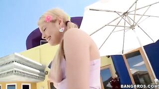 A cute girl sucks a long dick, showcasing her skill in deep throat