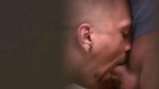 Two guys have fun in the public toilet, dick sucking
