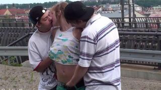 Sexy brunette fucks with two guys in an amateur home video style