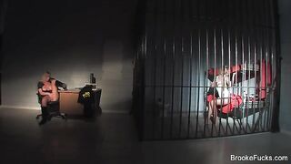 The guard caressed herself by her gun at the post