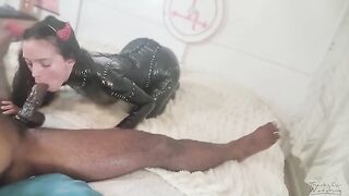 Petite succubus celebrates Halloween by draining a throbbing cock