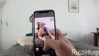 Guy's stepsister is on the phone with her boyfriend, but she still sucks his cock