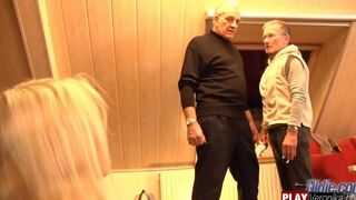 Bearded guy with gray hair fucks young blonde with big tits