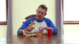 A husband forced his wife to fuck a cucumber in the kitchen