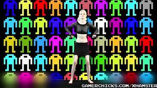 Sexy blondie striptease dancing for a crowd of men