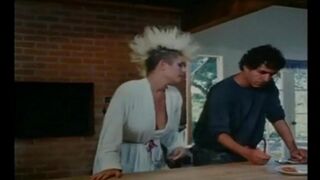 A group sex party with guys and girls in a retro setting