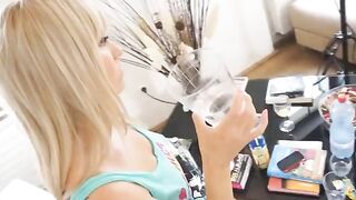 Blonde teen with huge boobs gets her big tits gagging on cock