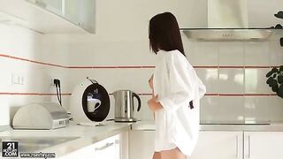 A young brunette has fun early in the morning with someone