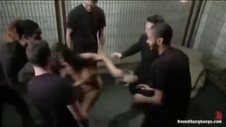 Five guys were fucked by a cute brunette with a big cock