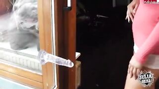 Girl with big tits plays with a dump truck toy